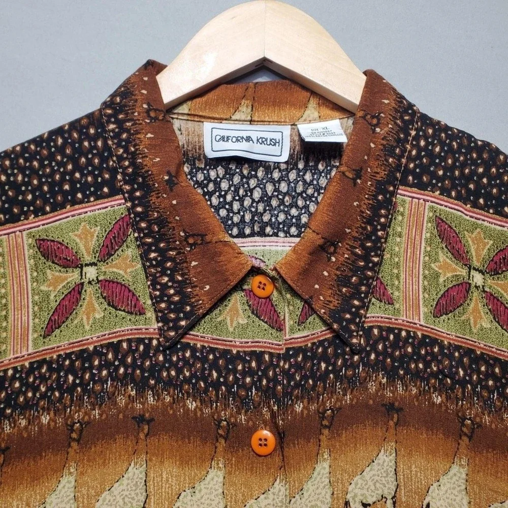 VTG California Krush Rayon Giraffe Safari Shirt Women XL Brown Indie Sleaze Boho